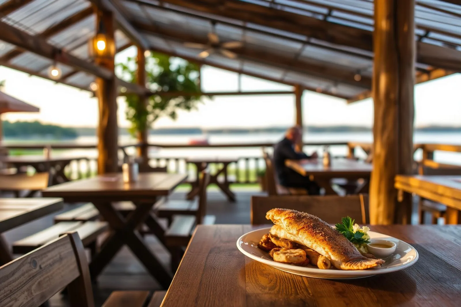 Taras restauracji nad jeziorem z daniem z ryby