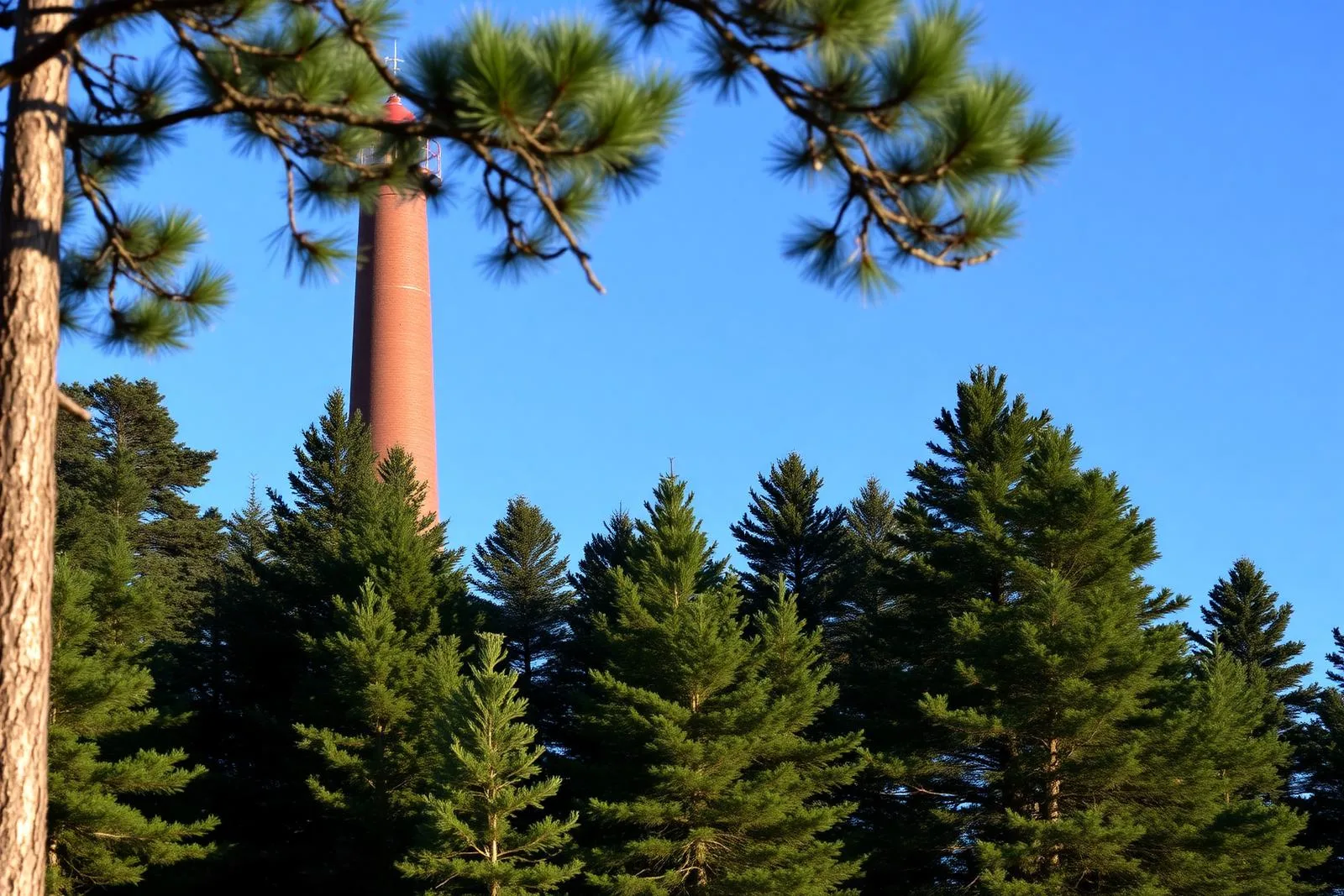 Ceglana latarnia morska Stilo górująca nad sosnowym lasem