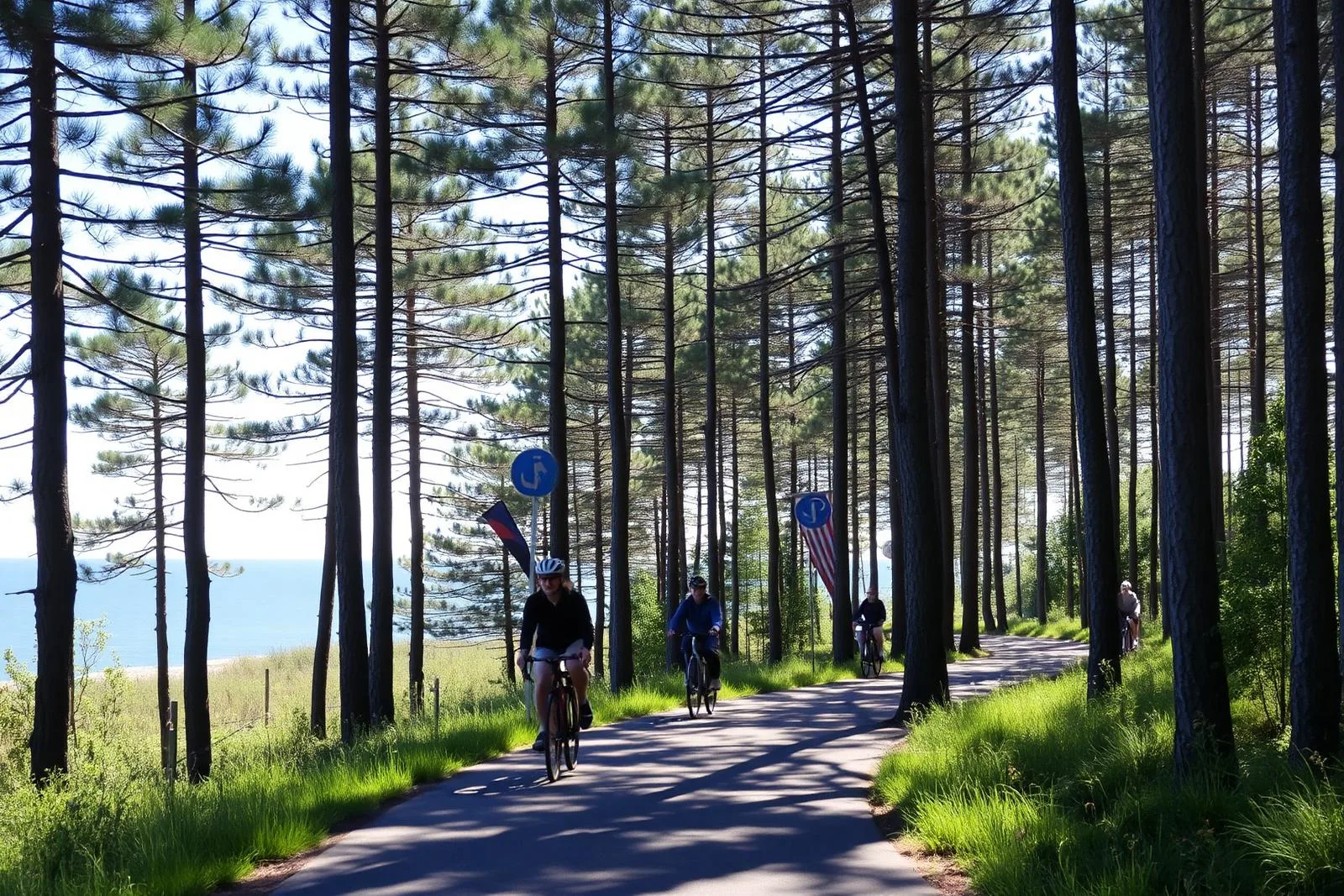 Rowerzyści na ścieżce rowerowej w nadmorskim sosnowym lesie