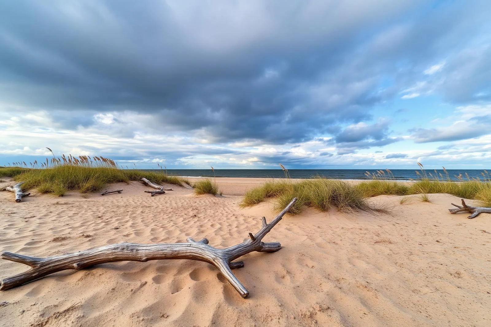 Dzika plaża nad Bałtykiem z wydmami, trawą i naniesionym drewnem